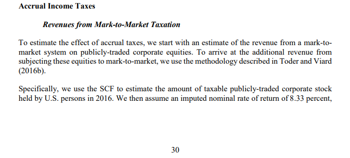screen shot of study saying Specifically, we use the SCF to estimate the amount of taxable publicly-traded corporate stock held by U.S. persons in 2016. We then assume an imputed nominal rate of return of 8.33 percent,